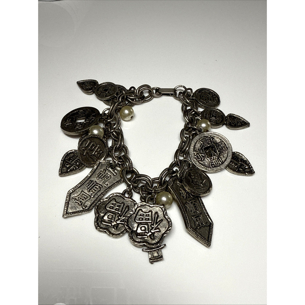 Vintage Chinese Big Charms Glass Pearls Good Luck Silver Tone Bracelet